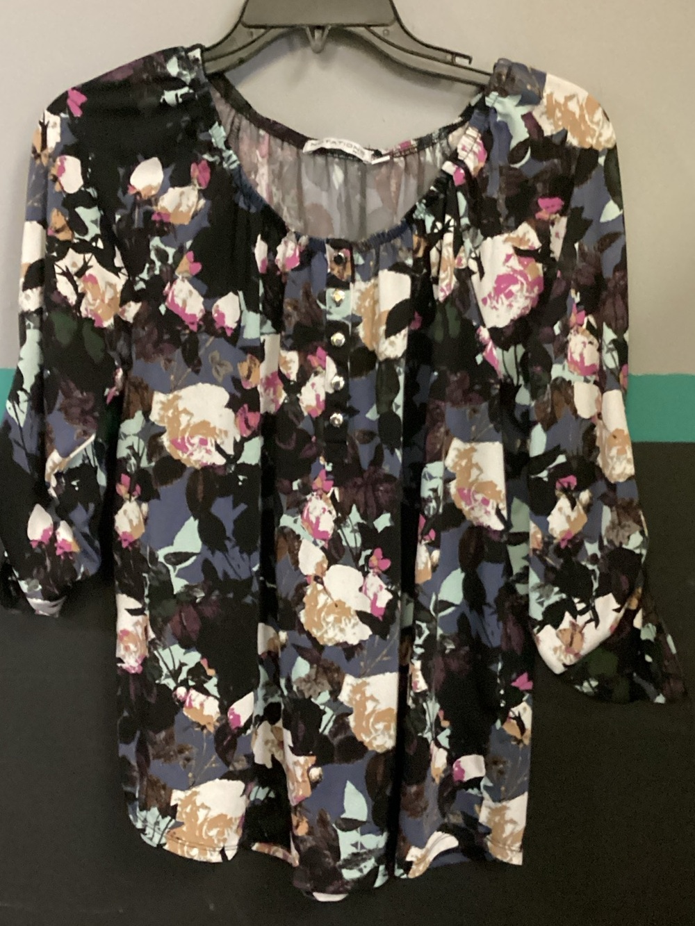 Notations Black Floral Peasant Blouse with Pink & Cream Accents